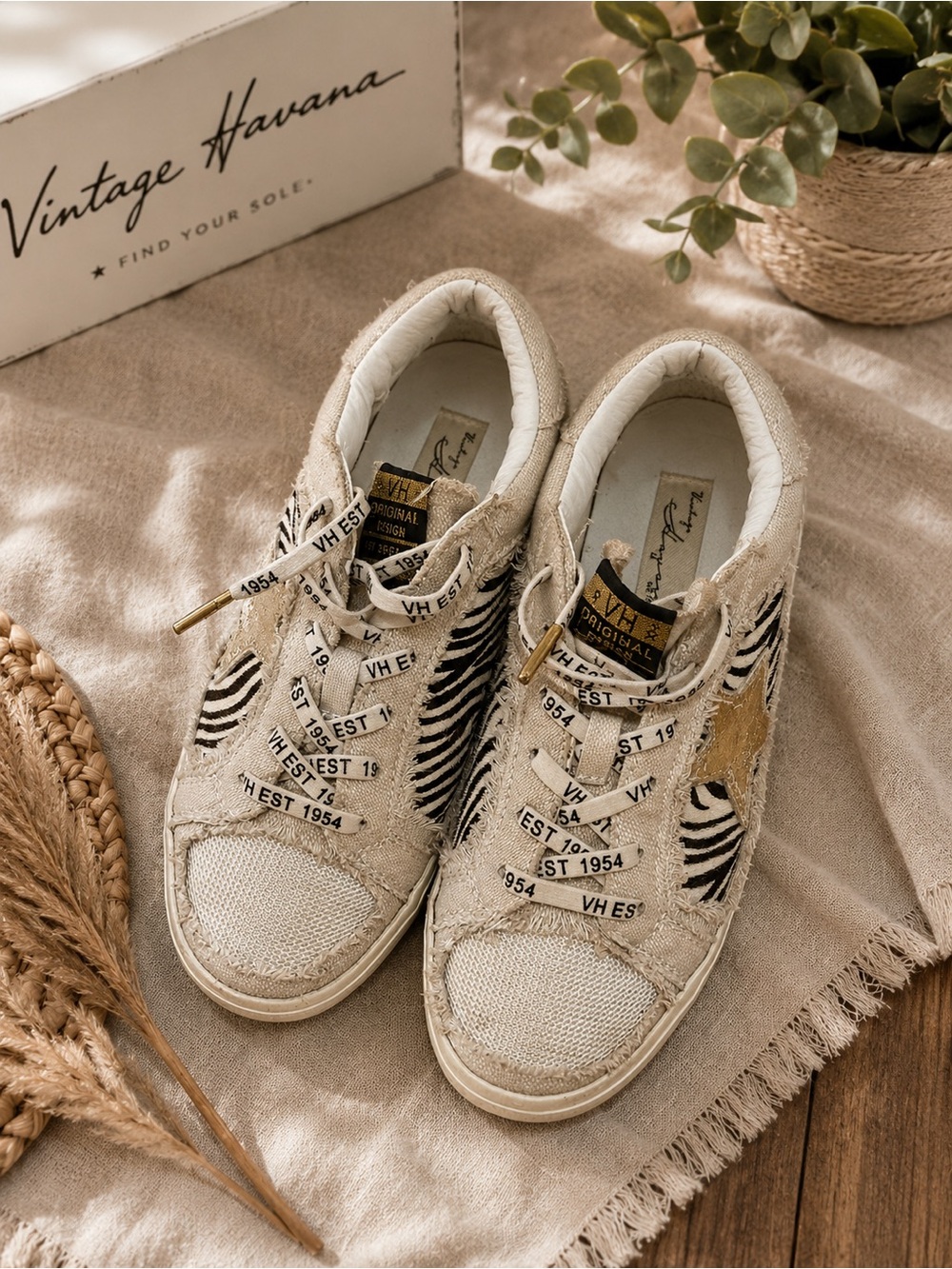 Vintage Havana Beige Zebra-Accent Low Top Sneakers with Gold Tab